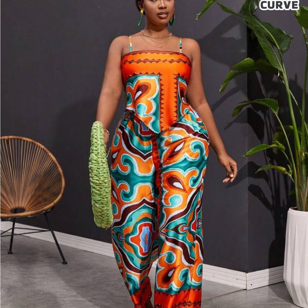 Colorful 2pc Spaghetti strap scarflike tie back top with wide leg pants